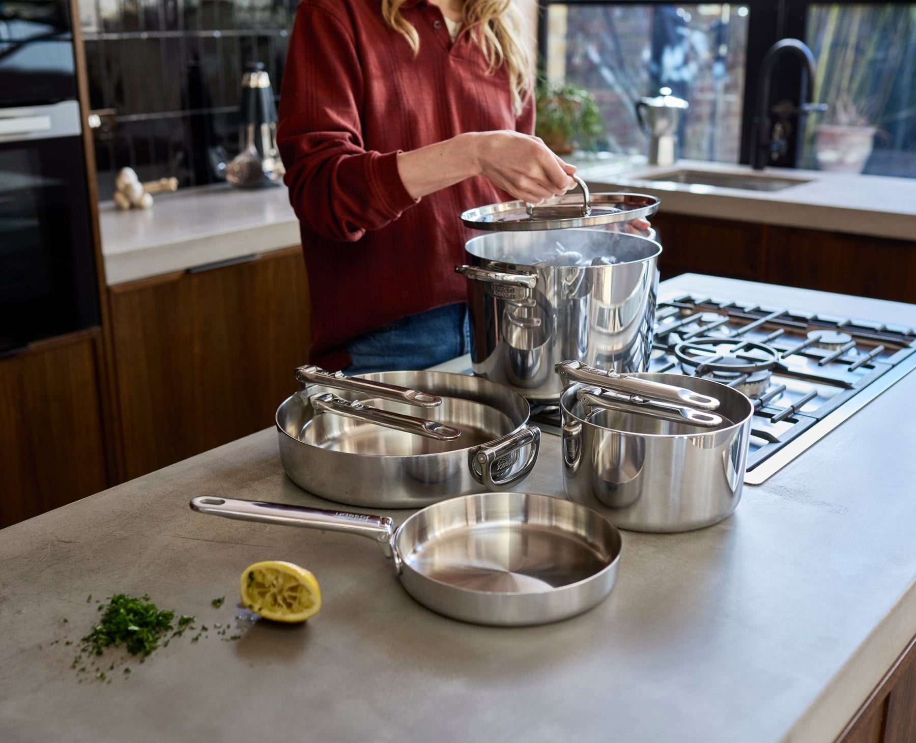 Space Steel MasterSet™ 6 Peças – Conjunto de Panelas em Aço Inox com Cabos Dobráveis