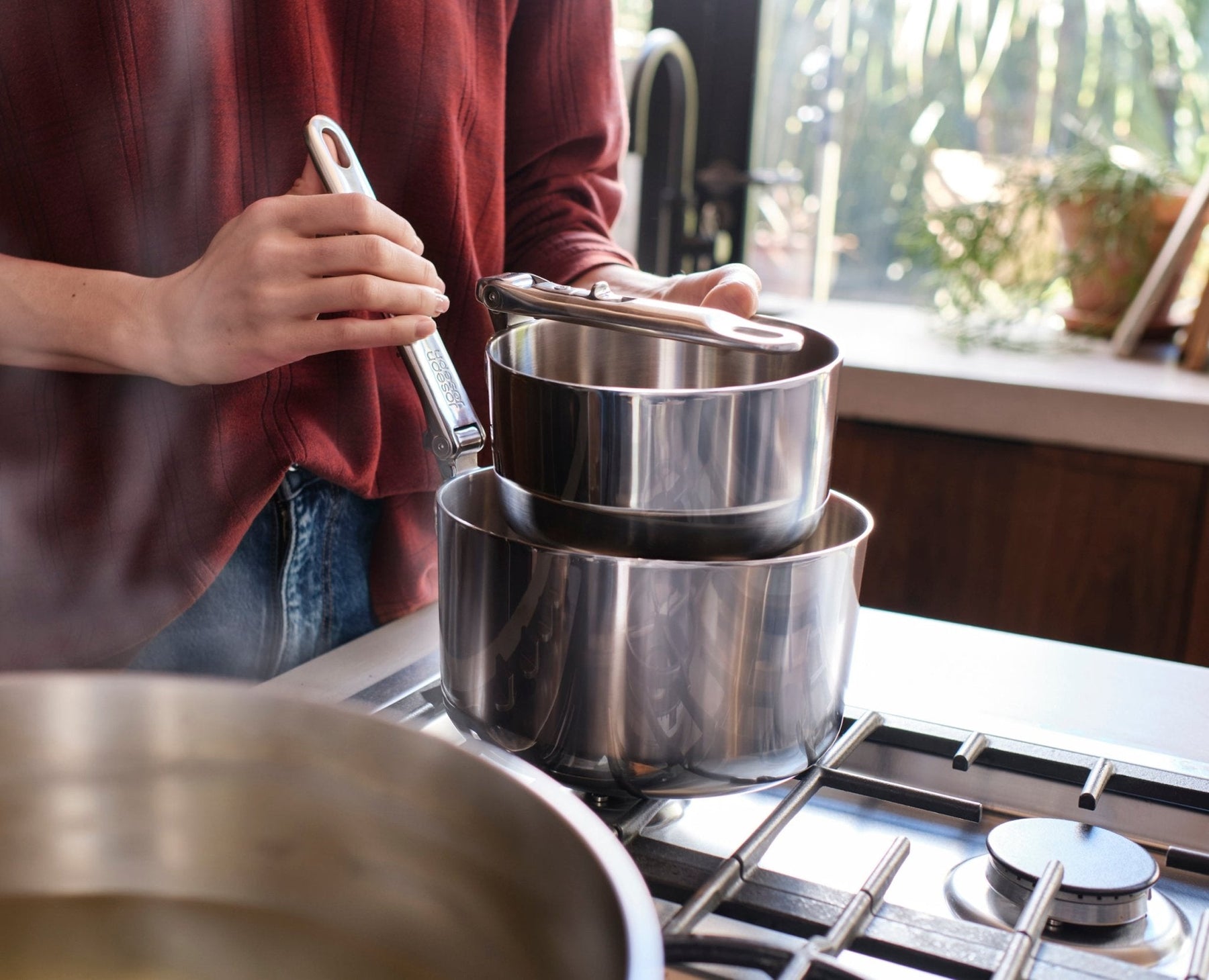Space Steel MasterSet™ 6 Peças – Conjunto de Panelas em Aço Inox com Cabos Dobráveis