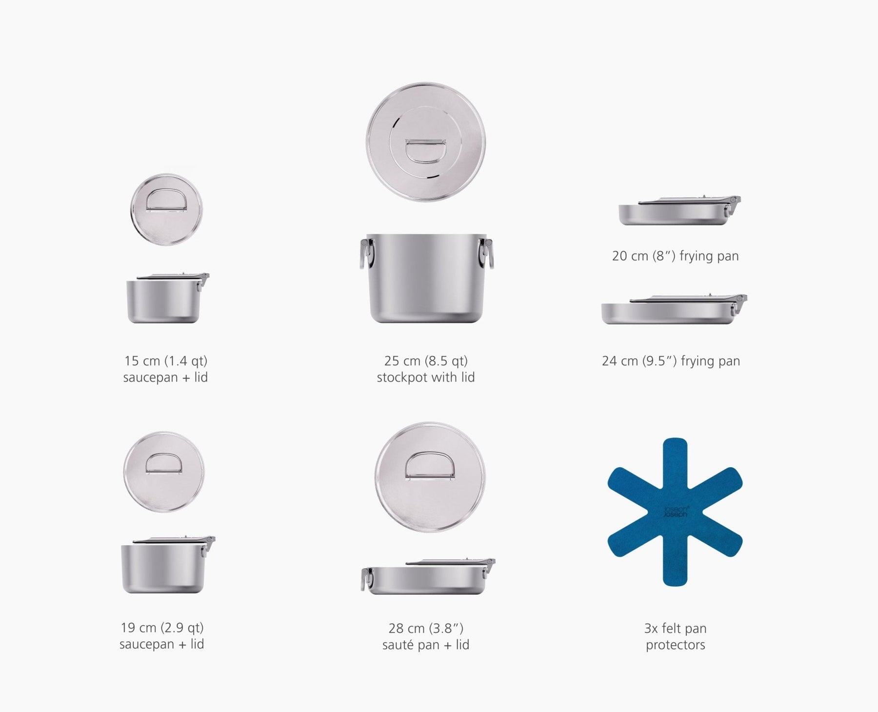 Space Steel MasterSet™ 6 Peças – Conjunto de Panelas em Aço Inox com Cabos Dobráveis